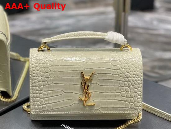 Saint Laurent Sunset Chain Wallet in Shiny Crocodile Embossed Leather Blanc Vintage Replica