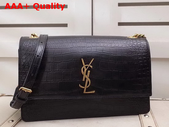 Saint Laurent Sunset Medium in Black Supple Crocodile Embossed Leather Replica