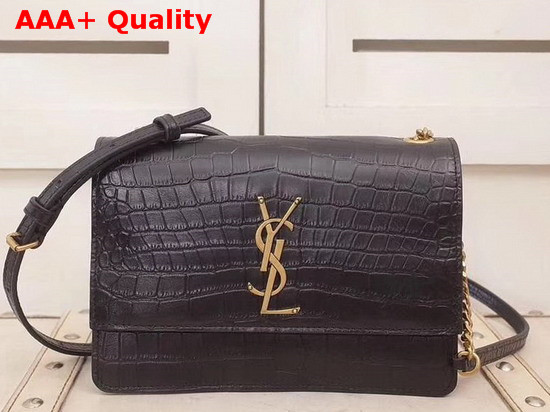 Saint Laurent Sunset Small in Supple Crocodile Embossed Leather Black Replica