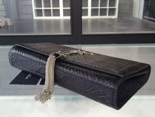 Saint Laurent Tassel Clutch In Black Python Embossed Leather for Sale