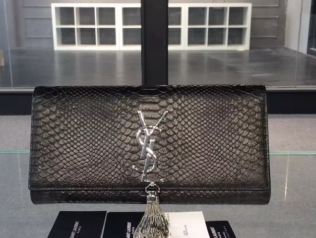 Saint Laurent Tassel Clutch In Black Python Embossed Leather for Sale