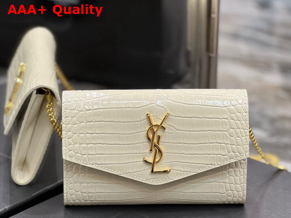 Saint Laurent Uptown Chain Wallet in Blanc Vintage Crocodile Embossed Shiny Leather Replica