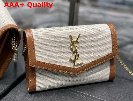 Saint Laurent Uptown Chain Wallet in Canvas and Smooth Leather Natural Beige Replica