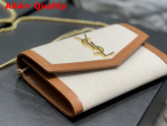 Saint Laurent Uptown Chain Wallet in Canvas and Smooth Leather Natural Beige Replica