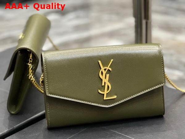 Saint Laurent Uptown Chain Wallet in Loden Green Grain de Poudre Embossed Leather Replica