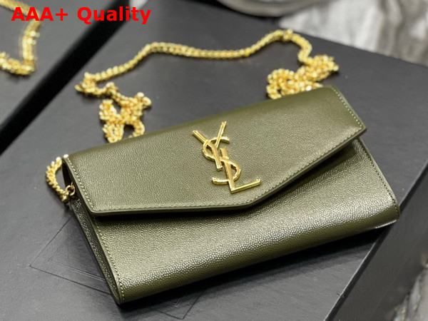 Saint Laurent Uptown Chain Wallet in Loden Green Grain de Poudre Embossed Leather Replica