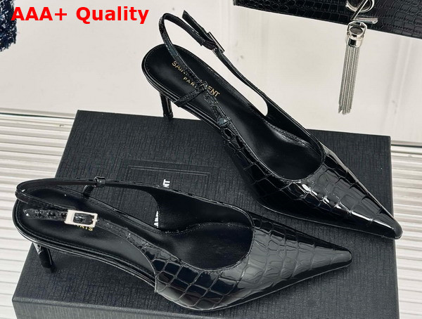 Saint Laurent Vendome Slingback Pumps in Black Crocodile Embossed Leather Replica