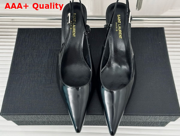 Saint Laurent Vendome Slingback Pumps in Black Glazed Leather Replica