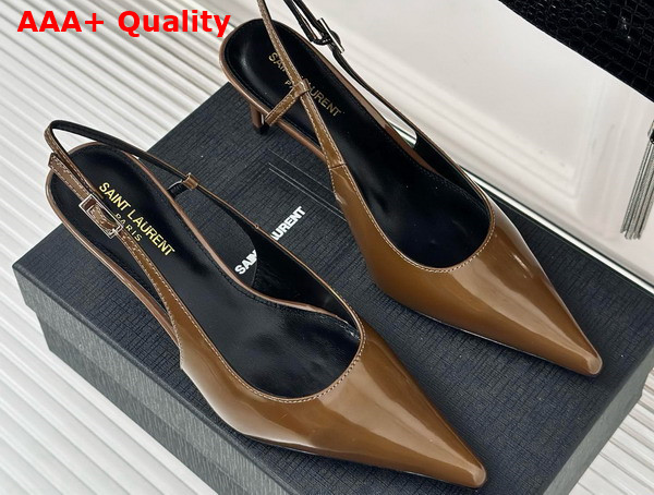 Saint Laurent Vendome Slingback Pumps in Deep Kaki Glazed Leather Replica