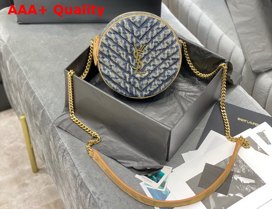 Saint Laurent Vinyle Round Camera Bag in Chevron Quilted Denim and Suede Rodeo Blue Replica