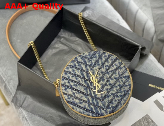 Saint Laurent Vinyle Round Camera Bag in Chevron Quilted Denim and Suede Rodeo Blue Replica