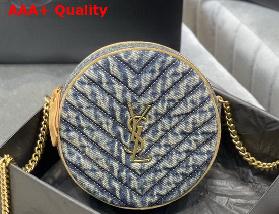 Saint Laurent Vinyle Round Camera Bag in Chevron Quilted Denim and Suede Rodeo Blue Replica