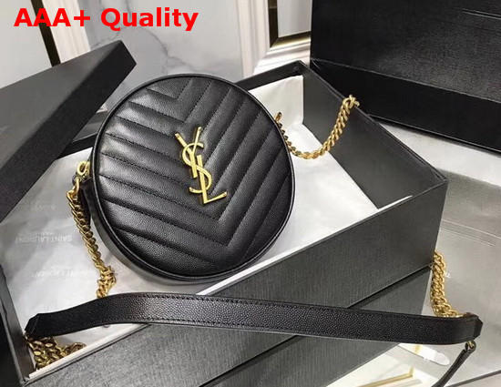 Saint Laurent Vinyle Round Camera Bag in Chevron Quilted Grain De Poudre Embossed Leather Black Replica