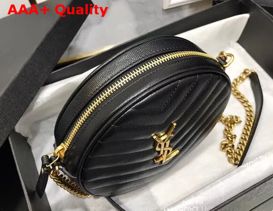 Saint Laurent Vinyle Round Camera Bag in Chevron Quilted Grain De Poudre Embossed Leather Black Replica