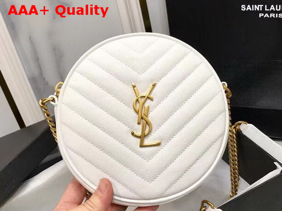 Saint Laurent Vinyle Round Camera Bag in Chevron Quilted Grain De Poudre Embossed Leather Blanc Vintage Replica