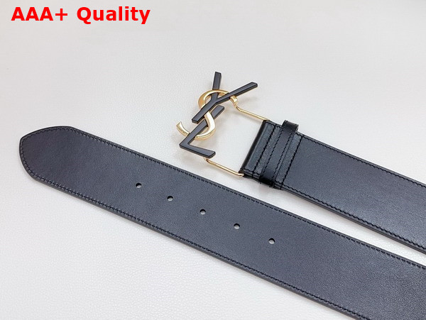 Saint Laurent YSL Bucklet Wide Belt in Black Smooth Leather with Gold and Black Metal Replica