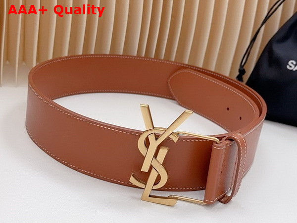 Saint Laurent YSL Bucklet Wide Belt in Brown Smooth Leather Replica