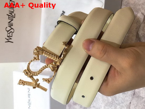 Saint Laurent YSL Monogram Logo Buckle Belt in Beige Smooth Leather Replica