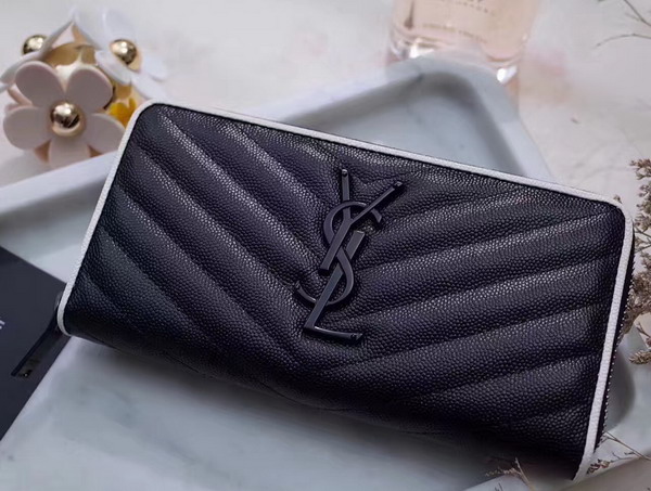 Saint Laurent Zip Around Wallet in Black and Dove White Grain De Poudre Textured Matelasse Leather For Sale