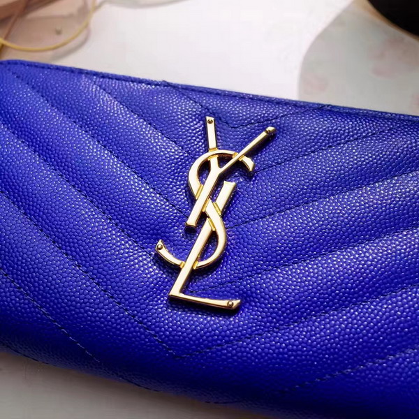 Saint Laurent Zip Around Wallet in Blue Grain De Poudre Textured Matelasse Leather For Sale