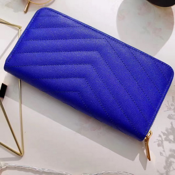 Saint Laurent Zip Around Wallet in Blue Grain De Poudre Textured Matelasse Leather For Sale