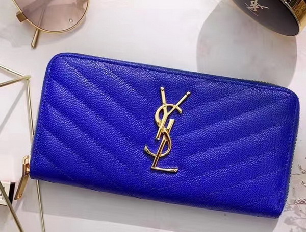 Saint Laurent Zip Around Wallet in Blue Grain De Poudre Textured Matelasse Leather For Sale