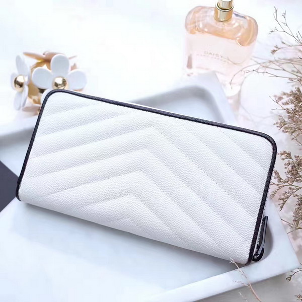 Saint Laurent Zip Around Wallet in Dove White and Black Grain De Poudre Textured Matelasse Leather For Sale