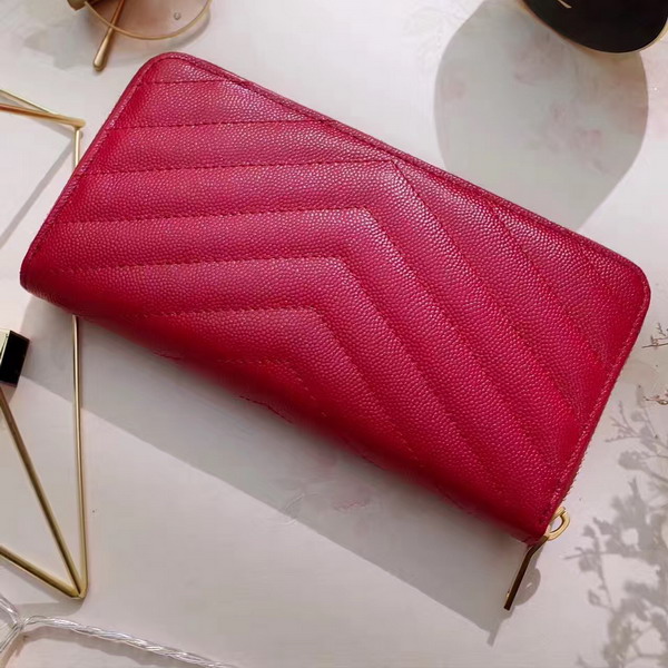 Saint Laurent Zip Around Wallet in Lipstick Red Grain De Poudre Textured Matelasse Leather For Sale