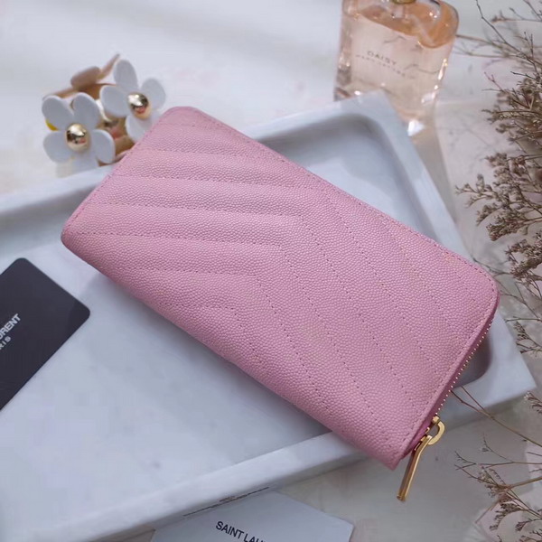 Saint Laurent Zip Around Wallet in Pink Grain De Poudre Textured Matelasse Leather For Sale