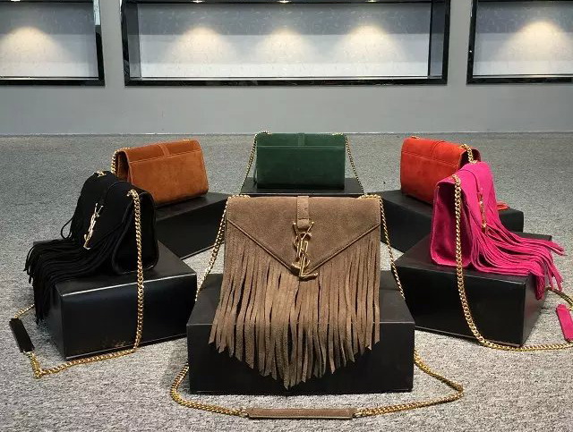 Small Monogram Saint Laurent Fringed Satchel In Light Ocher Suede for Sale