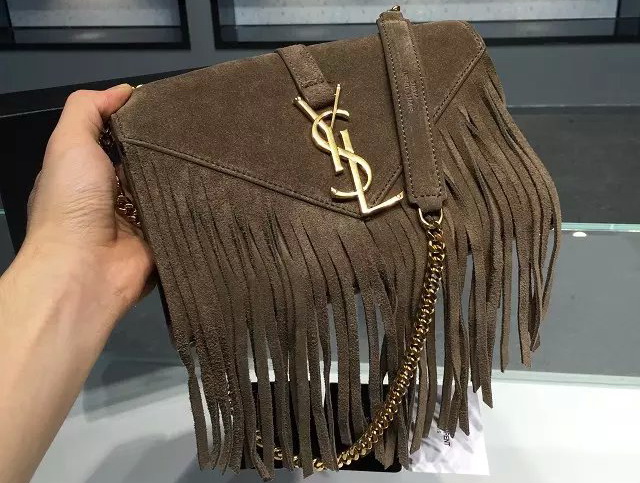 Small Monogram Saint Laurent Fringed Satchel In Light Ocher Suede for Sale