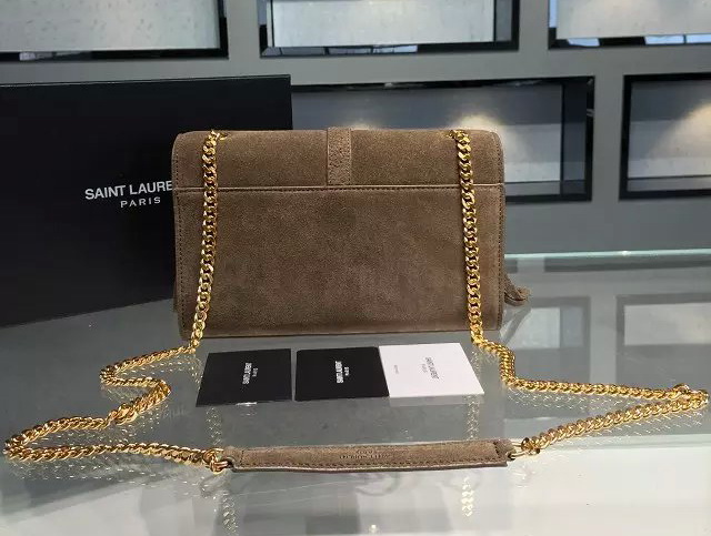 Small Monogram Saint Laurent Fringed Satchel In Light Ocher Suede for Sale