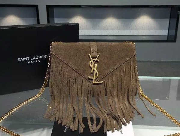 Small Monogram Saint Laurent Fringed Satchel In Light Ocher Suede for Sale