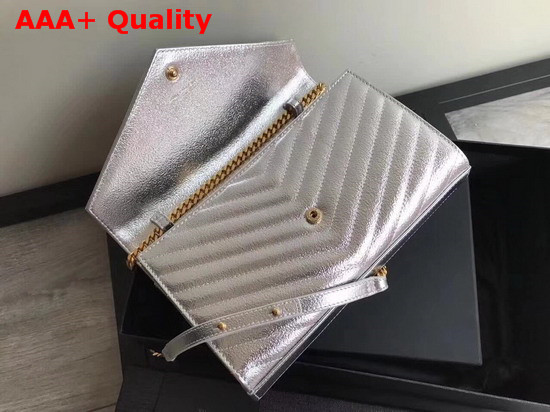 Ysl Envelope Chain Wallet in Metallic Silver Calfskin Replica