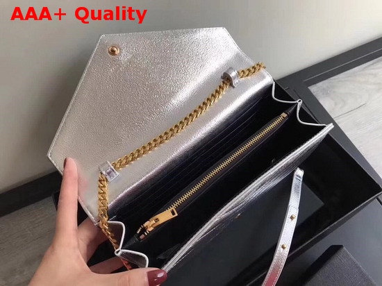 Ysl Envelope Chain Wallet in Metallic Silver Calfskin Replica