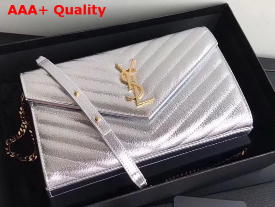 Ysl Envelope Chain Wallet in Metallic Silver Calfskin Replica