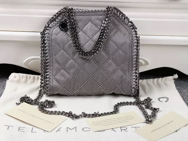 Stella Mccartney Falabella Studded Quilted Shaggy Deer Tiny Tote in Light Grey for Sale