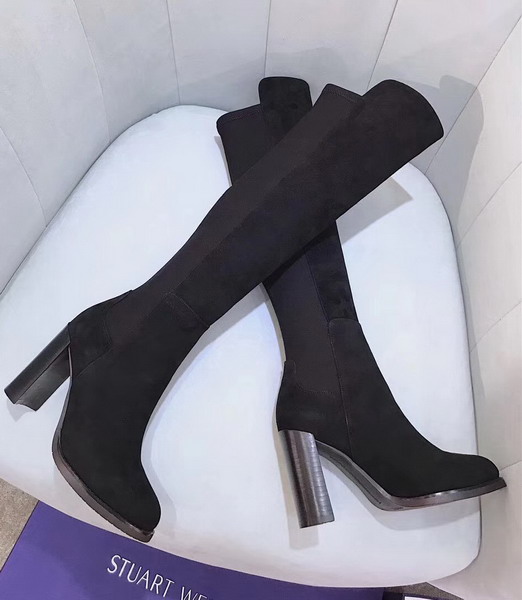 Stuart Weitzman Hijack Boot in Black Suede Calf with Micro Stretch Back Shaft For Sale