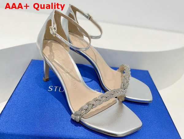 Stuart Weitzman Nudistcurve 75 Highshine Sandal in Silver Lambskin Replica