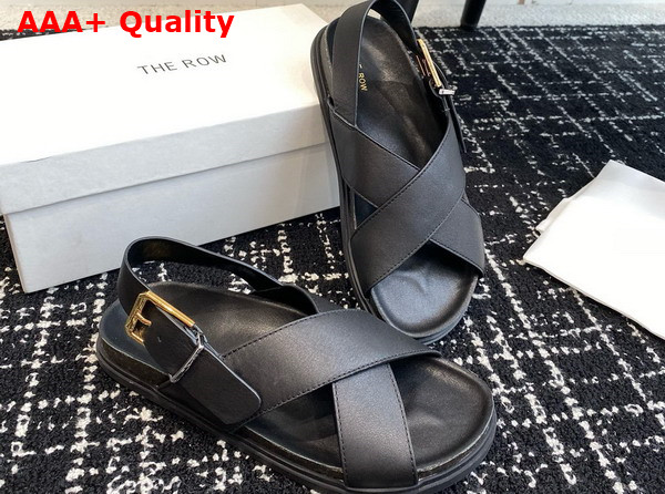 The Row Buckle Sandal in Black Leather with Gold Buckle Replica