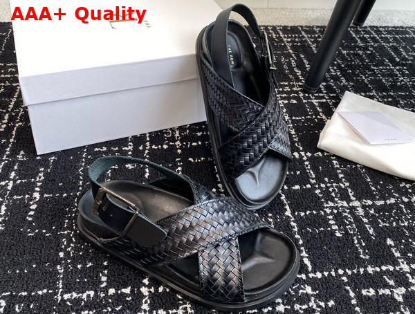 The Row Buckle Sandal in Black Woven Vegetable Tanned Leather Replica