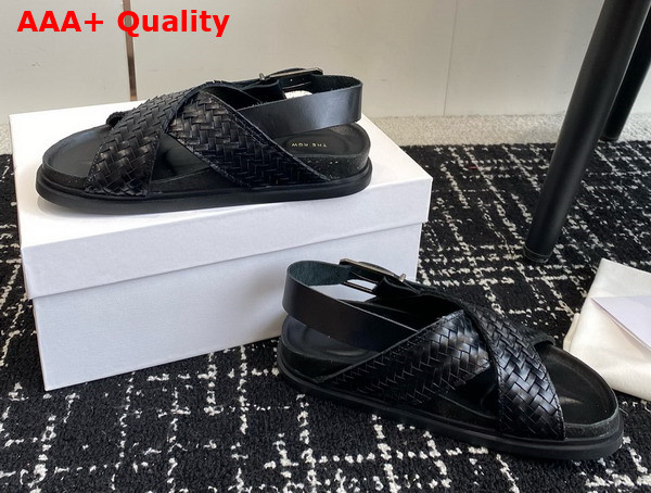 The Row Buckle Sandal in Black Woven Vegetable Tanned Leather Replica