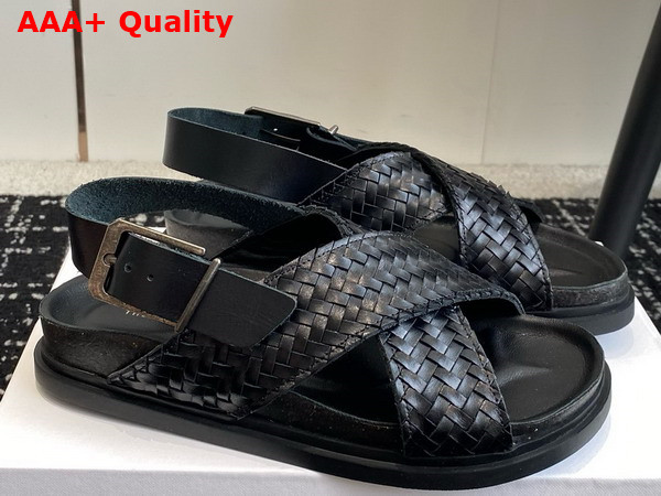 The Row Buckle Sandal in Black Woven Vegetable Tanned Leather Replica