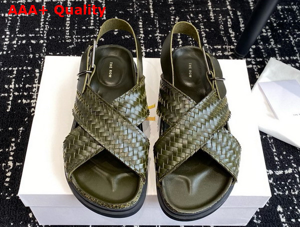 The Row Buckle Sandal in Dark Green Woven Vegetable Tanned Leather Replica