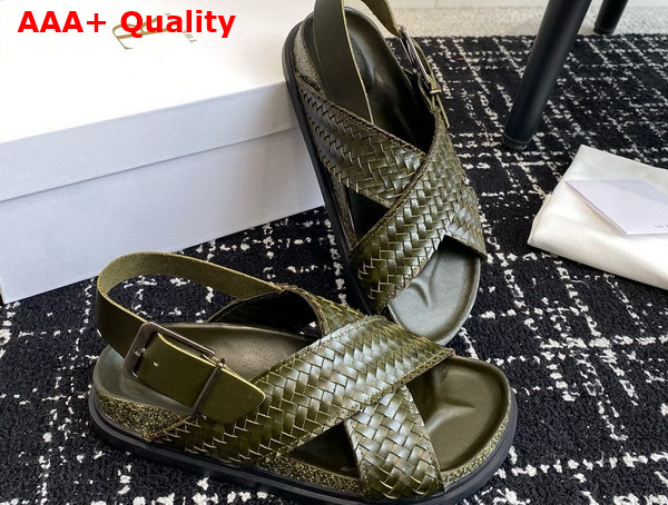 The Row Buckle Sandal in Dark Green Woven Vegetable Tanned Leather Replica