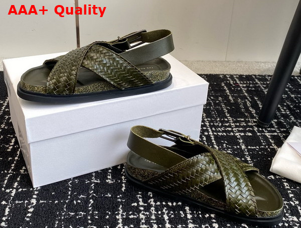 The Row Buckle Sandal in Dark Green Woven Vegetable Tanned Leather Replica