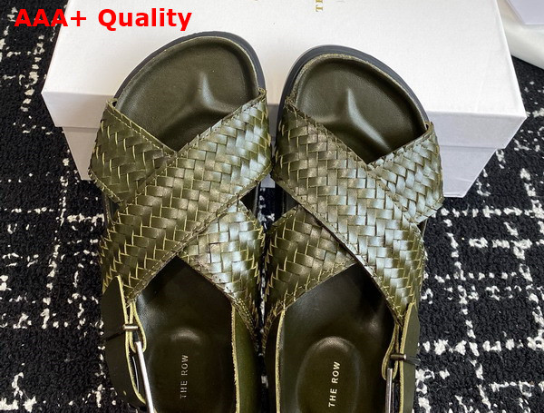 The Row Buckle Sandal in Dark Green Woven Vegetable Tanned Leather Replica