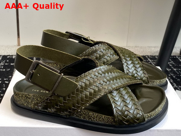 The Row Buckle Sandal in Dark Green Woven Vegetable Tanned Leather Replica