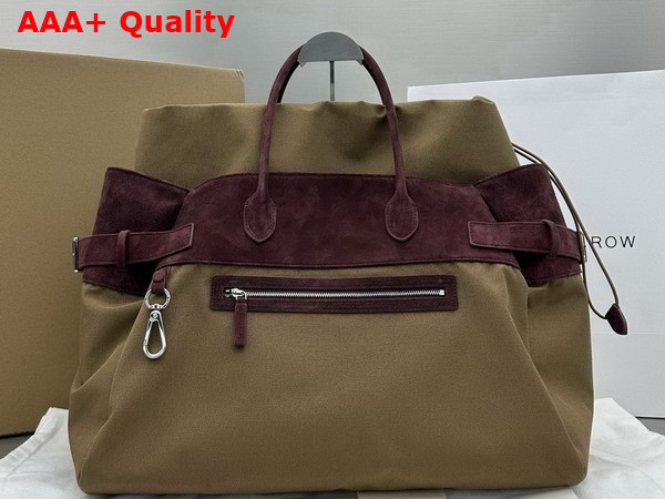 The Row Margaux 17 Inside Out Bag in Khaki Canvas and Dark Brown Suede Leather Replica